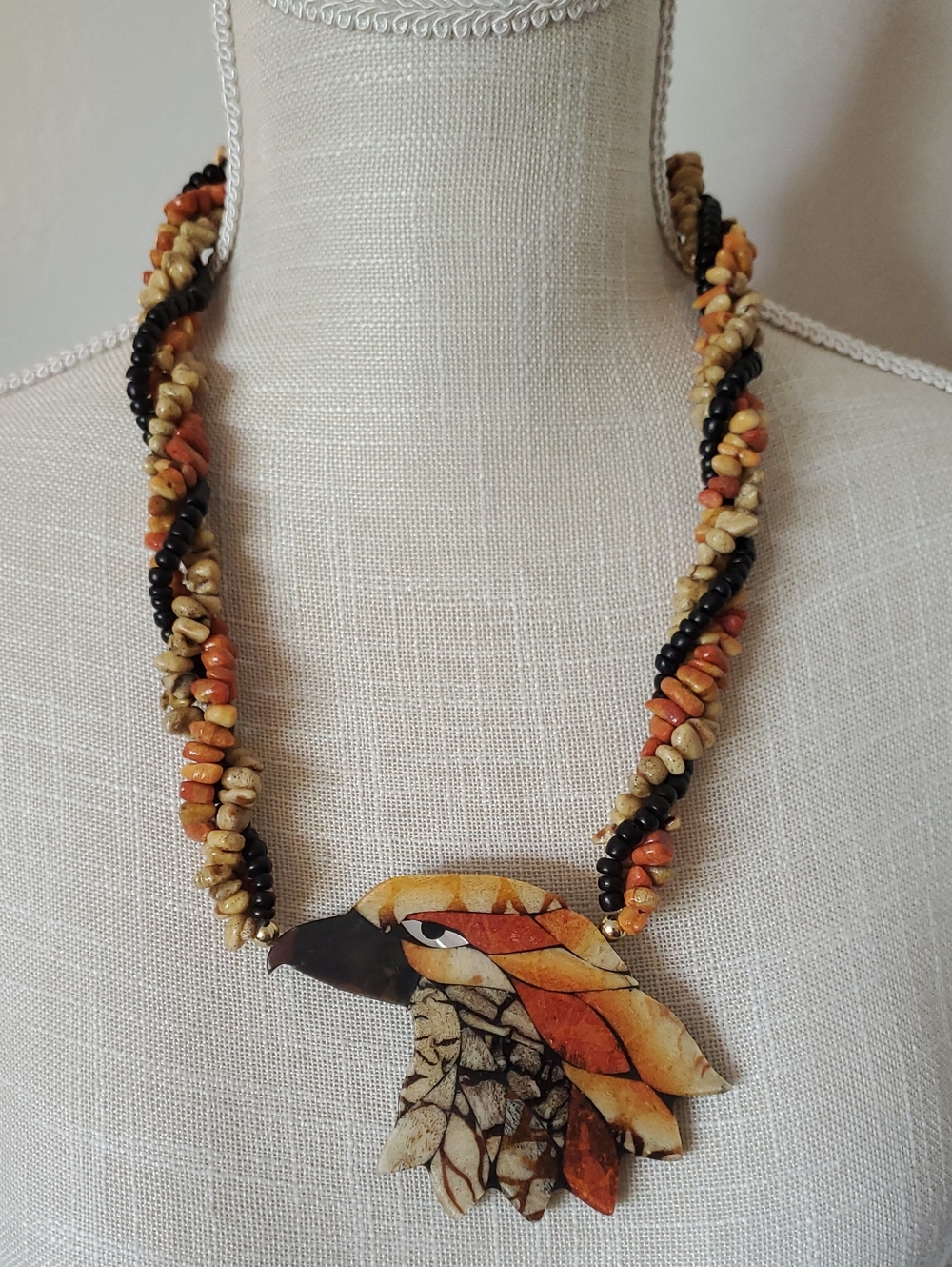 Vintage LEE SANDS EAGLE Inlay PENDANT Apple & Tiger CORAL  Stone TWIST Necklace